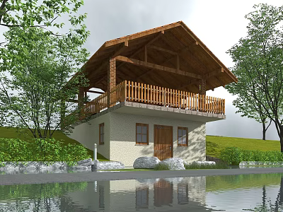 Scenic Wooden Cabin With Balcony And Wooden Railing Near Waterfront With Green Trees And Reflection 3d model