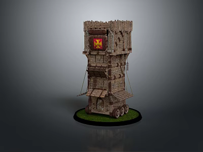 Wooden Mobile Siege Tower as Medieval Siege Weapon with Wheels and Flag 3d model