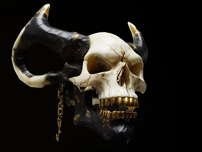 Gothic Decorative Ornament Set With Skull Design Black White Horns Golden Teeth And Chain 3d model