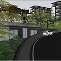 Residential Landscape with Curved Pathway Red Green Trees and Stone Stream