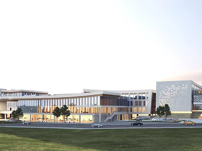 Modern Multistory Building Exterior With Glass Facade Lawn Trees And Parking 3d model