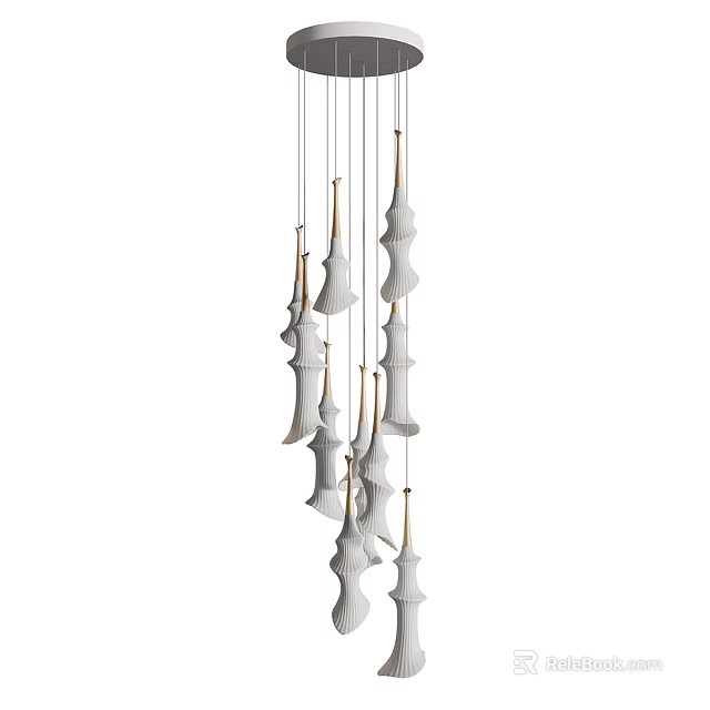 Sleek Modern Chandelier With Multiple White Conical Shades And Brass Accents 3d model 