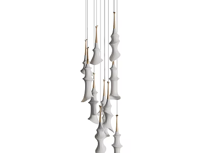 Sleek Modern Chandelier With Multiple White Conical Shades And Brass Accents 3d model
