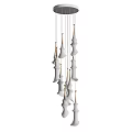 Sleek Modern Chandelier With Multiple White Conical Shades And Brass Accents
