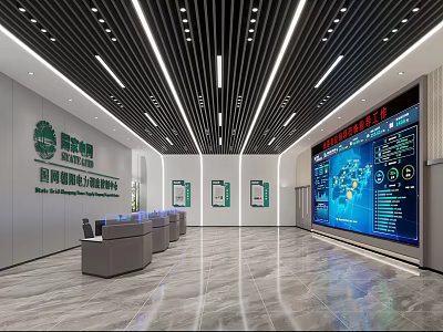 Modern Monitoring Room Spacious Interior With Large Data Display Screen And Control Desks 3d model