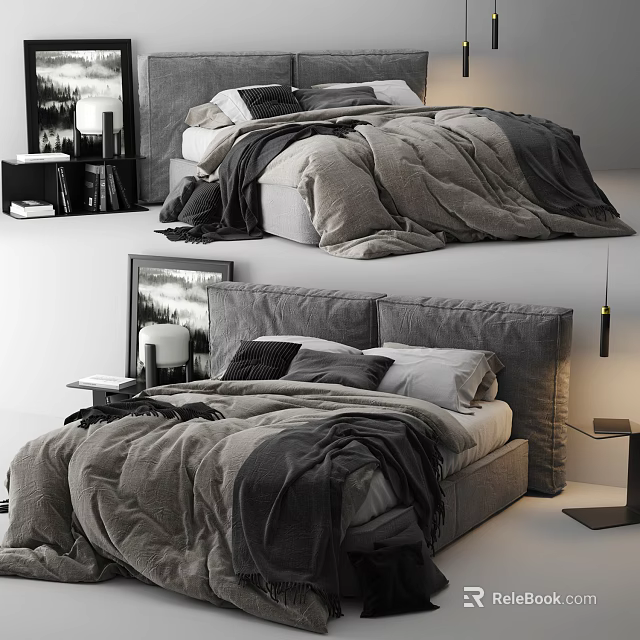 Modern Double Bed Interior With Gray Bedding Pillows Nightstand And Table Lamp 3d model 