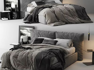 Modern Double Bed Interior With Gray Bedding Pillows Nightstand And Table Lamp 3d model