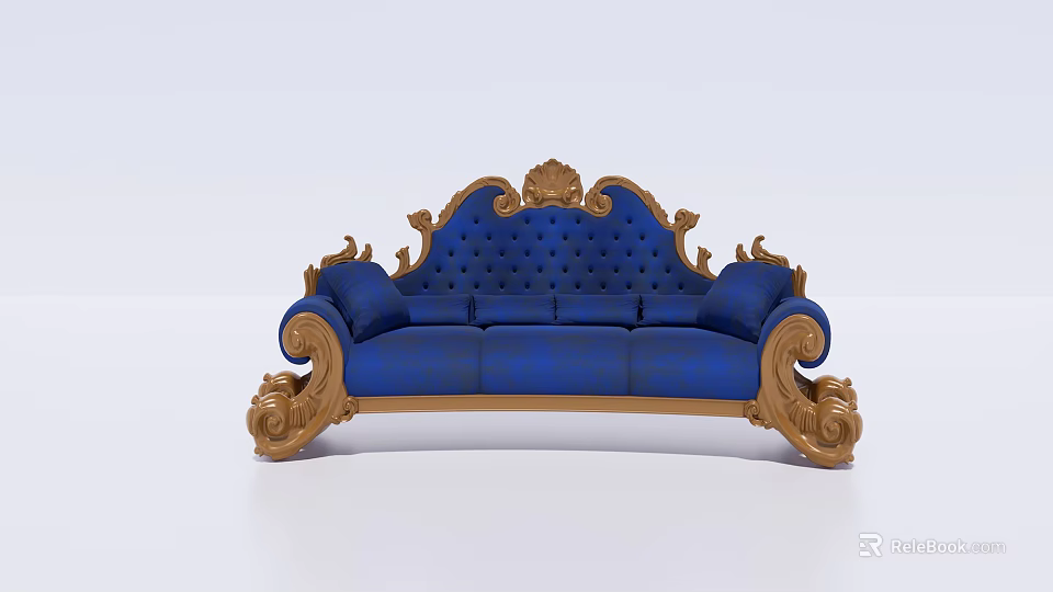 Elegant Three Seater Sofa With Blue Upholstery And Gold Ornate Carved Frame Design 3d model 