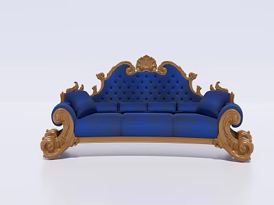 Elegant Three Seater Sofa With Blue Upholstery And Gold Ornate Carved Frame Design 3d model