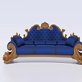 Elegant Three Seater Sofa With Blue Upholstery And Gold Ornate Carved Frame Design