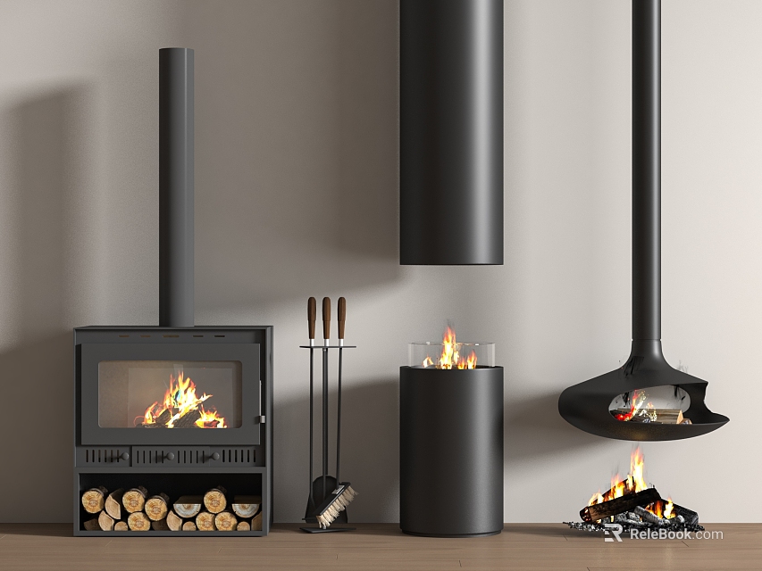 Modern Black Fireplace Designs With Freestanding Hanging Styles Burning Flames And Wood Storage 3d model 
