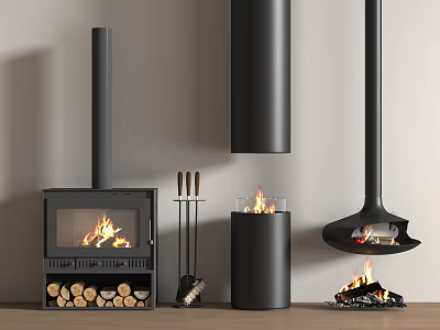 Modern Black Fireplace Designs With Freestanding Hanging Styles Burning Flames And Wood Storage 3d model