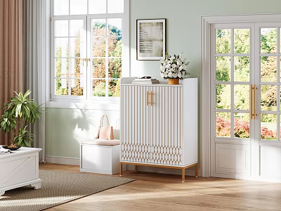 White Modern Shoe Cabinet With Golden Legs And Geometric Design In Bright Living Room 3d model