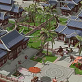 Traditional Ancient Chinese Architecture Complex With Blue Roofs Palm Trees And Courtyard Design