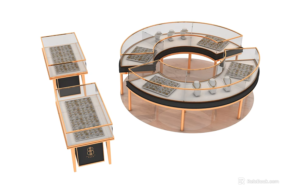 Modern Circular and Rectangular Glass Display Shelves with Metal Frame for Retail Showcases 3d model 
