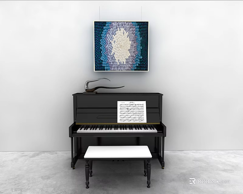 Black Piano With Violin Music Sheet And Blue White Wall Art In Minimalist Room 3d model 