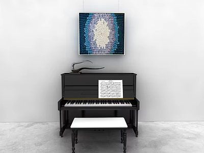 Black Piano With Violin Music Sheet And Blue White Wall Art In Minimalist Room 3d model