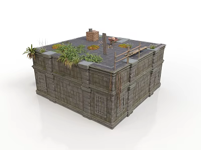 Modern Landscape Stone Structure With Carved Walls Rooftop Plants And Wooden Frames 3d model