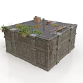 Modern Landscape Stone Structure With Carved Walls Rooftop Plants And Wooden Frames