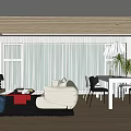 Modern Living And Dining Room Interior With White Sofa Dining Table Pendant Light And Curtains