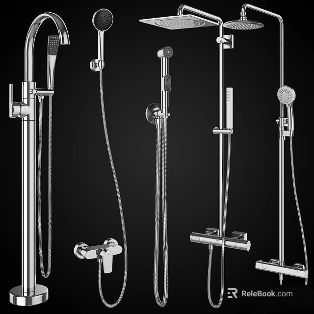 Modern Chrome Bathroom Shower Faucets With Handheld Heads And Fixed Arms 3d model 