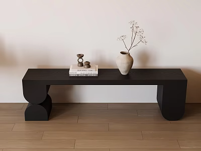 Stylish Black Bench With Books Decorative Items And Vase In Interior Space 3d model