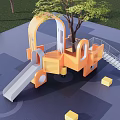 Outdoor Children Playground Structure With Orange White Slide Trees And Grass Area