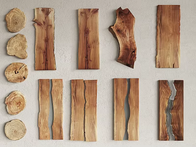 Natural Stone And Wood Decorative Elements With Various Shapes Slices Planks And Textures 3d model