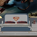 Kids Bed with Superman Logo Headboard Blue Frame and Cityscape Superman Mural