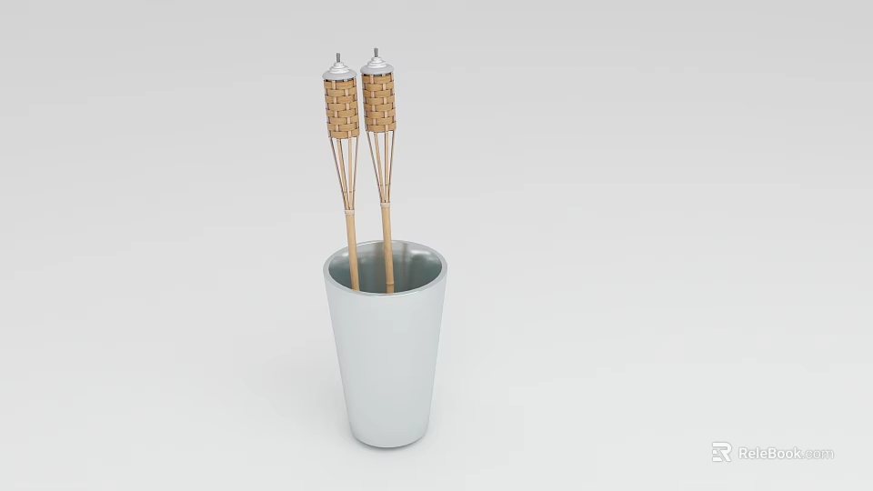 Two Decorative Wicker Covered Wooden Sticks Standing Vertically in White Ceramic Cup 3d model 