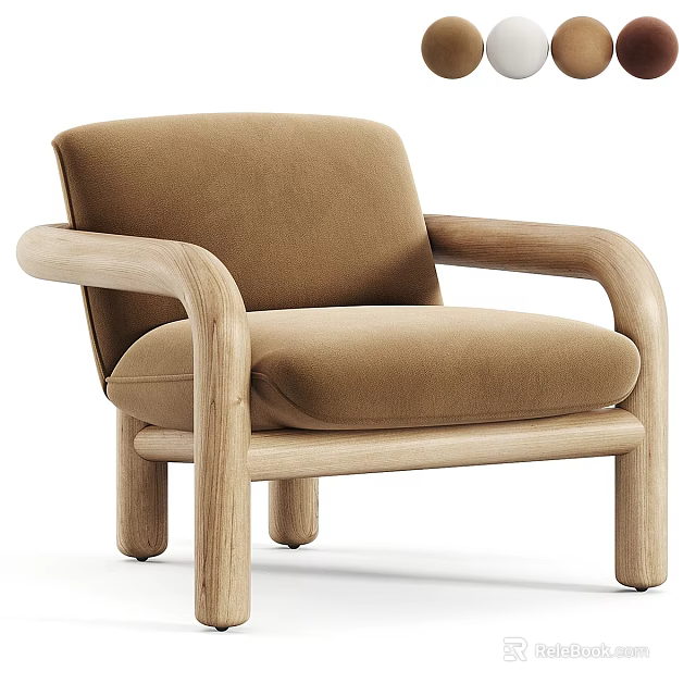 Modern Beige Fabric Armchair with Wooden Arms and Minimalist Design 3d model 