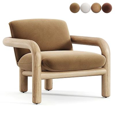 Modern Beige Fabric Armchair with Wooden Arms and Minimalist Design 3d model