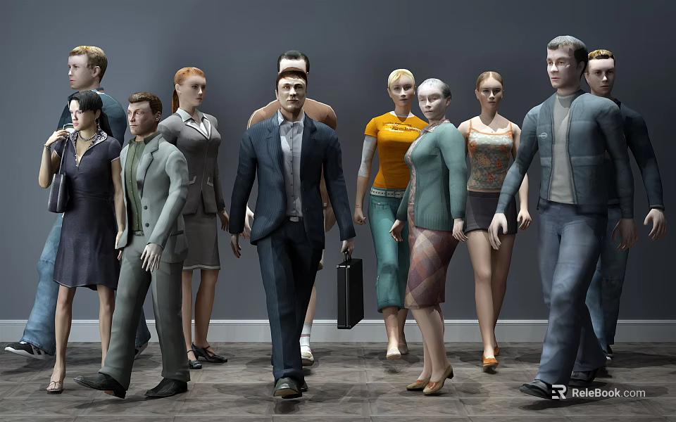 Group of Diverse People in Casual and Formal Attire Standing and Walking Together 3d model 