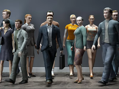 Group of Diverse People in Casual and Formal Attire Standing and Walking Together 3d model