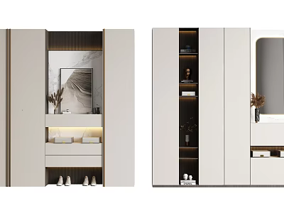 Modern Shoe Cabinet Design With Mirror Storage Shelves And Decorative Lighting 3d model