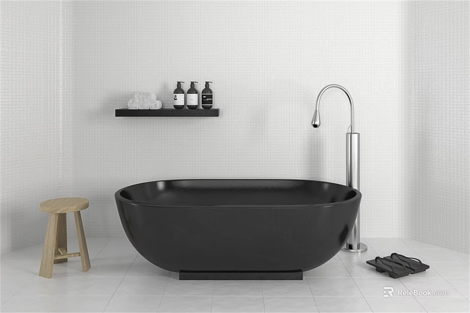 Modern Bathroom Interior With Freestanding Black Bathtub Silver Faucet And Black Shelf 3d model 