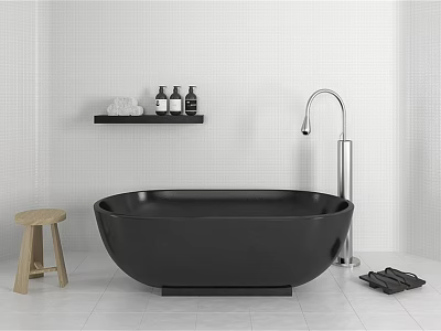 Modern Bathroom Interior With Freestanding Black Bathtub Silver Faucet And Black Shelf 3d model