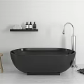 Modern Bathroom Interior With Freestanding Black Bathtub Silver Faucet And Black Shelf