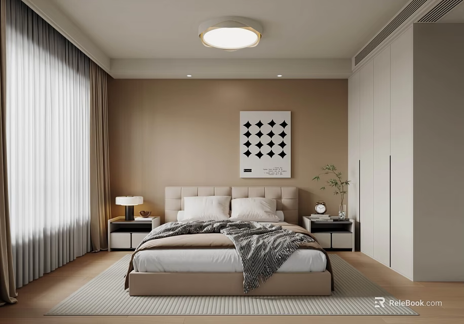 Modern Bedroom Interior With Beige Walls King Size Bed Nightstands And Geometric Wall Art 3d model 