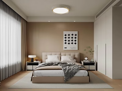 Modern Bedroom Interior With Beige Walls King Size Bed Nightstands And Geometric Wall Art 3d model