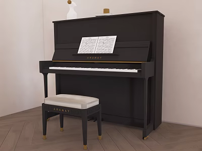 Elegant Black Upright Piano With Sheet Music White Bench Light Wall Wooden Floor 3d model