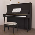 Elegant Black Upright Piano With Sheet Music White Bench Light Wall Wooden Floor