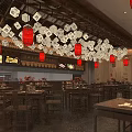 Traditional Chinese Restaurant Interior With Wooden Ceiling Red Drums Wine Racks Counter And Chandeliers