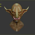 Fantasy Creature Head 3D Model With Sharp Ears Red Eyes And White Stripes