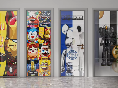 Colorful Hinged Doors With Diverse Cartoon Character Prints And Artistic Designs 3d model