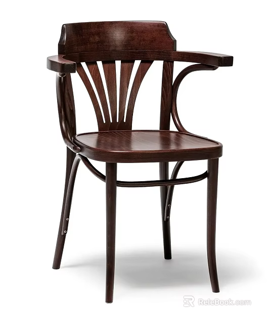 Classic Dark Brown Wooden Leisure Chair With Curved Armrests Fan Shaped Backrest And Legs 3d model 