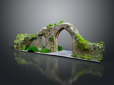 Ancient Stone Arch Ruins Covered With Moss And Green Plants On Display Stand With Reflection 3d model