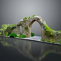 Ancient Stone Arch Ruins Covered With Moss And Green Plants On Display Stand With Reflection