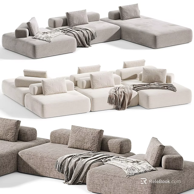 Modular Casual Sofa Set With Light Colored Upholstery Cozy Pillows And Soft Blanket 3d model 