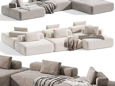 Modular Casual Sofa Set With Light Colored Upholstery Cozy Pillows And Soft Blanket 3d model
